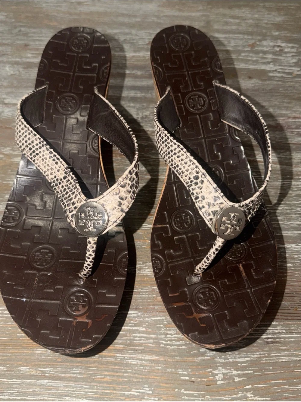Tory Burch Suzy Cork Snake Print Thong Wedge Heels Sandals Shoes Women's 9